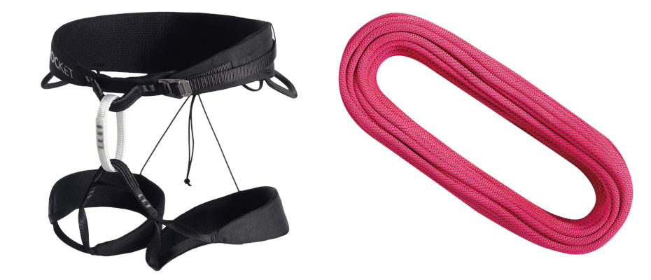 climbing harnees and rope